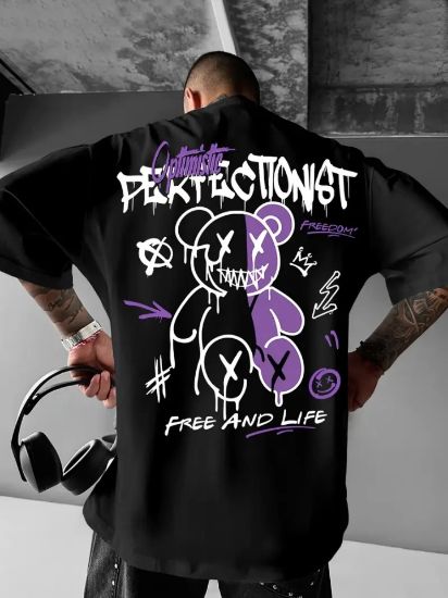 Baskılı Oversize Bisiklet Yaka T-shirt - Siyah resmi